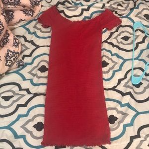 Red body-con dress off the shoulder